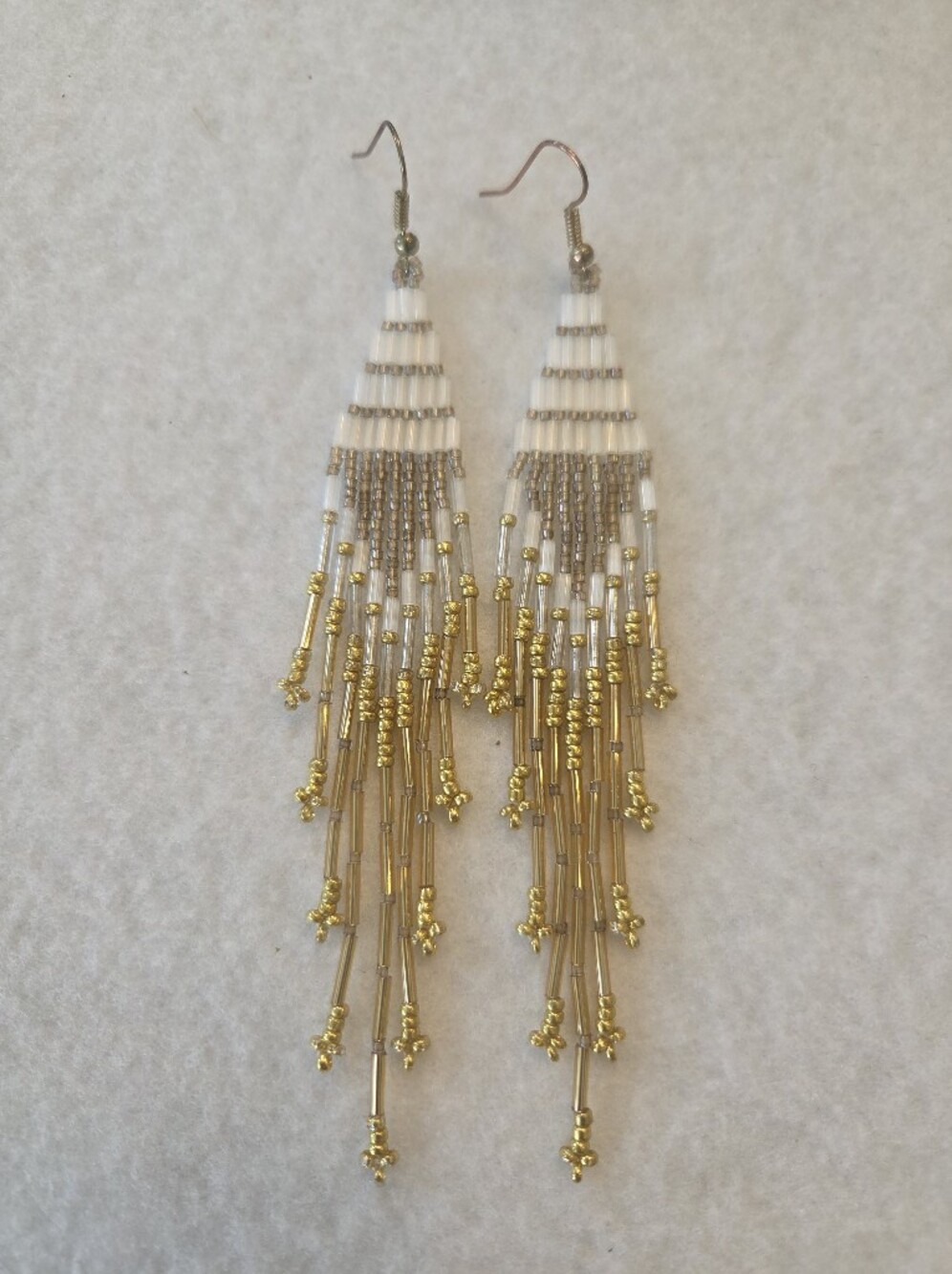Gold and White Cascading Bead Fringe Earrings